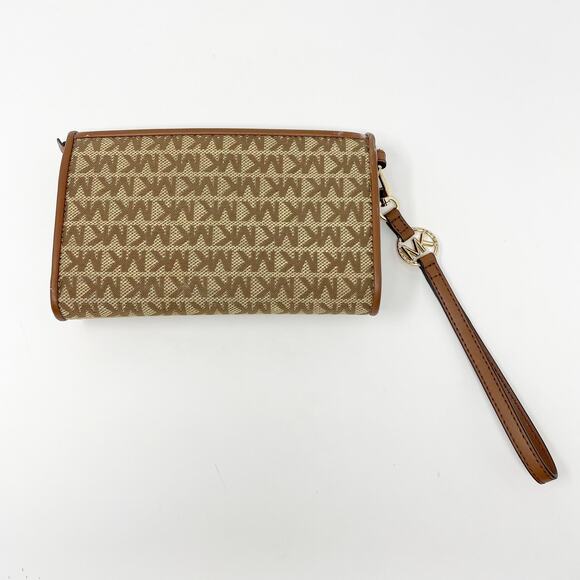 MK Michael Kors Signature Tan Brown Leather Trifold Wallet Gold Hardware Wrist - Picture 3 of 10